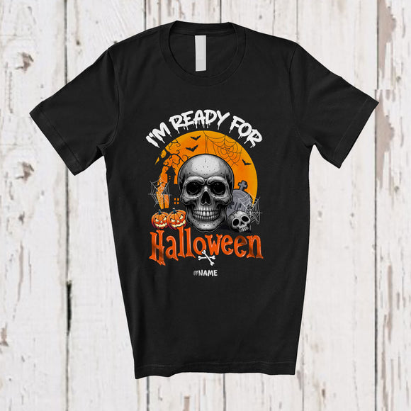 MacnyStore - Personalized Custom Name I'm Ready For Halloween; Creepy Moon Costume Skull Family T-Shirt