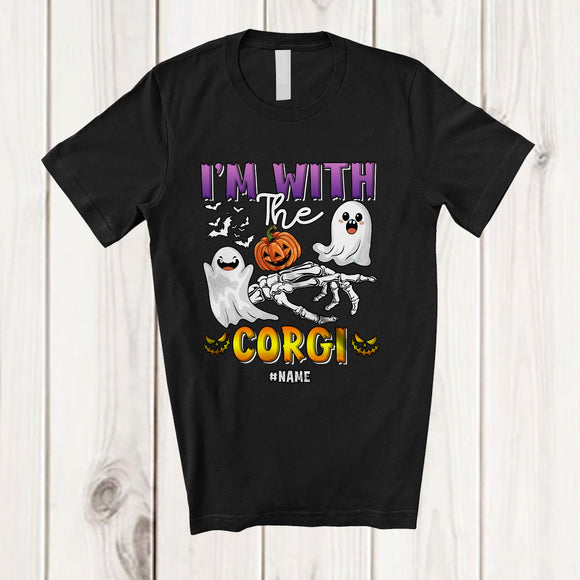 MacnyStore - Personalized Custom Name I'm With The Corgi; Lovely Halloween Boo Skeleton Hand T-Shirt