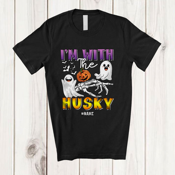 MacnyStore - Personalized Custom Name I'm With The Husky; Lovely Halloween Boo Skeleton Hand T-Shirt