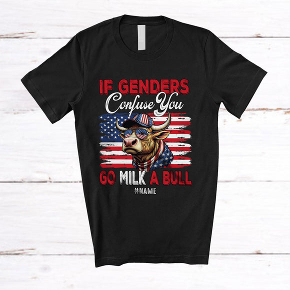 MacnyStore - Personalized Custom Name If Genders Confuse You; Proud 4th Of July LGBTQ Bull US Flag; Patriotic T-Shirt