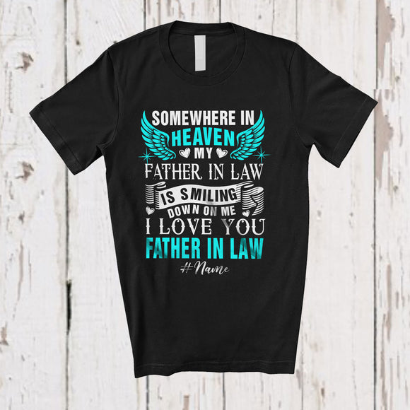 MacnyStore - Personalized Custom Name In Heaven My Father in law Is Smiling; Lovely Father's Day Wings Family T-Shirt