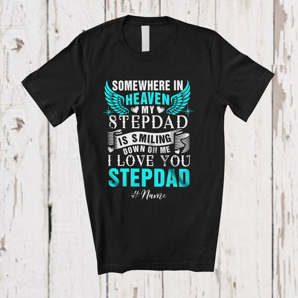 MacnyStore - Personalized Custom Name In Heaven My Stepdad Is Smiling; Lovely Father's Day Wings Family T-Shirt