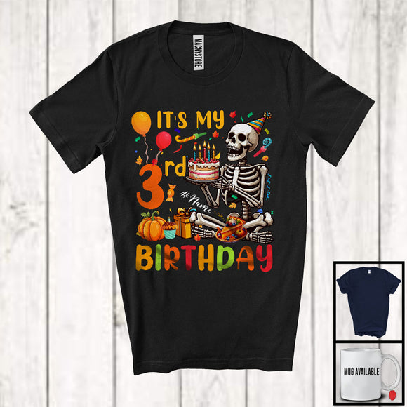 MacnyStore - Personalized Custom Name It's My 3rd Birthday; Cheerful Thanksgiving Skeleton; Family T-Shirt