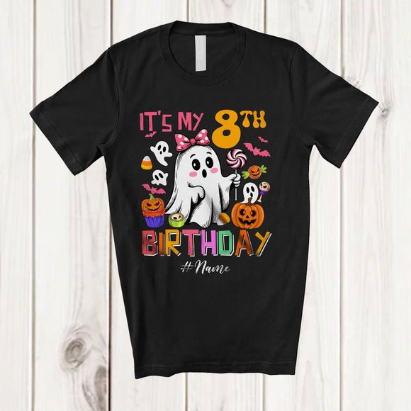 MacnyStore - Personalized Custom Name It's My 8th Birthday; Lovely Halloween 8 Years Old Boo Ghost Pumpkin T-Shirt