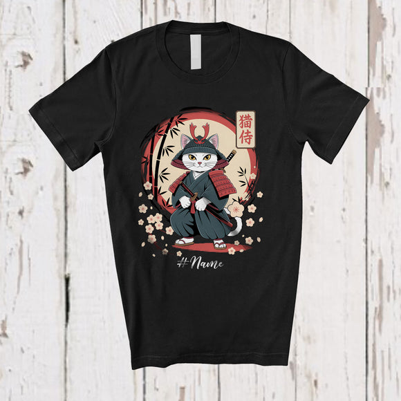 MacnyStore - Personalized Custom Name Japanese Cat Tattoo; Lovely Kawaii Samurai Cat Japanese Martial Arts T-Shirt