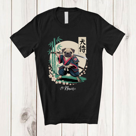MacnyStore - Personalized Custom Name Japanese Samurai Pug; Adorable Kawaii Japan Pug Martial Arts T-Shirt