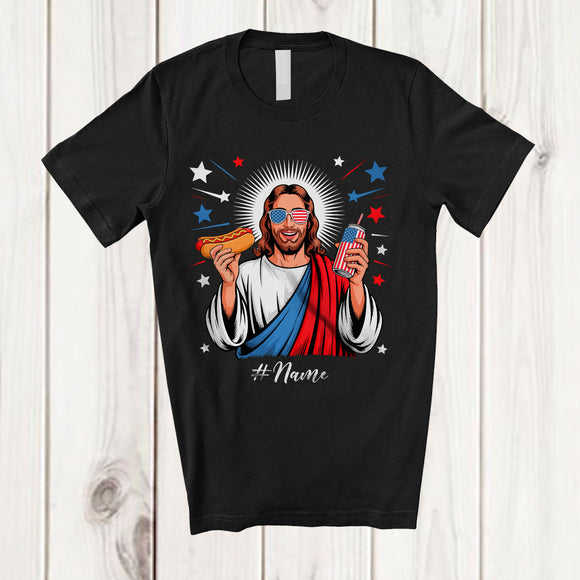 MacnyStore - Personalized Custom Name Jesus Eating Hotdog Drinking; Humorous 4th Of July Patriotic Family T-Shirt