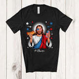 MacnyStore - Personalized Custom Name Jesus Eating Hotdog Drinking; Humorous 4th Of July Patriotic Family T-Shirt