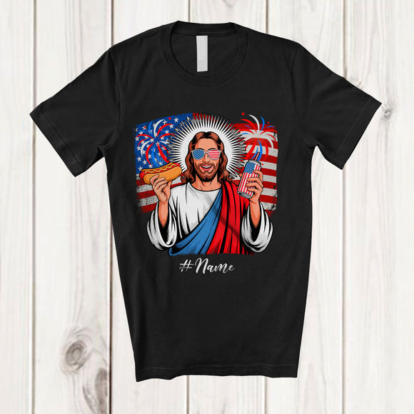 MacnyStore - Personalized Custom Name Jesus Eating Hotdog Drinking; Humorous 4th Of July US Flag Patriotic T-Shirt