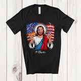 MacnyStore - Personalized Custom Name Jesus Eating Hotdog Drinking; Humorous 4th Of July US Flag Patriotic T-Shirt