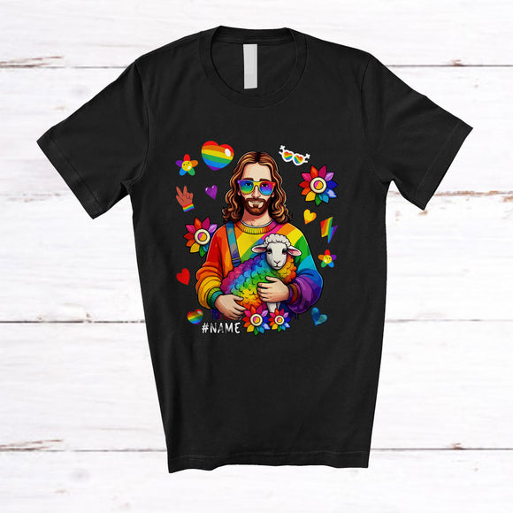 MacnyStore - Personalized Custom Name Jesus Holding Sheep; Adorable LGBTQ Pride Month Rainbow Sheep Gay T-Shirt