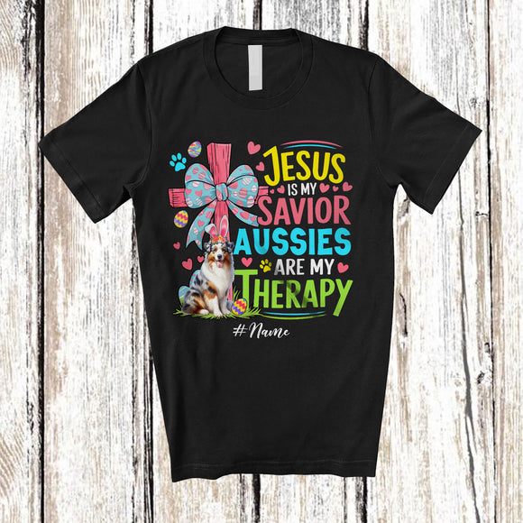 MacnyStore - Personalized Custom Name Jesus Is My Savior Aussies Are My Therapy; Happy Easter Cross Eggs T-Shirt