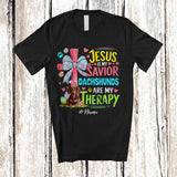 MacnyStore - Personalized Custom Name Jesus Is My Savior Dachshunds Are My Therapy; Happy Easter Cross Eggs T-Shirt