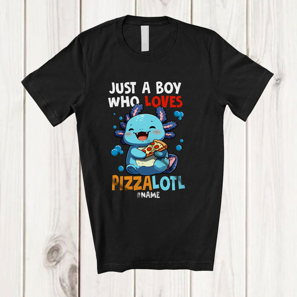 MacnyStore - Personalized Custom Name Just A Boy Who Loves Pizzalotl Axolotl; Lovely Axolotl Eating Pizza T-Shirt