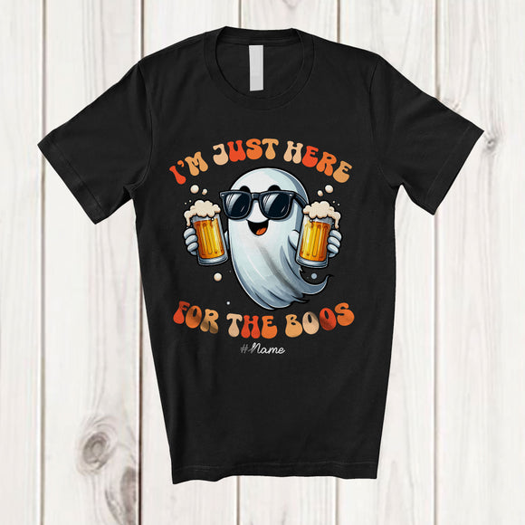 MacnyStore - Personalized Custom Name Just Here For The Boos; Cheerful Halloween Ghost Drinking Beer T-Shirt