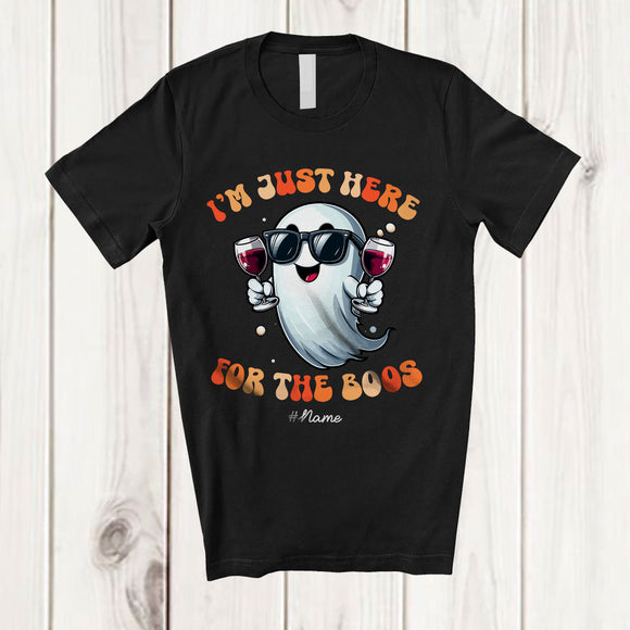 MacnyStore - Personalized Custom Name Just Here For The Boos; Cheerful Halloween Ghost Drinking Wine T-Shirt