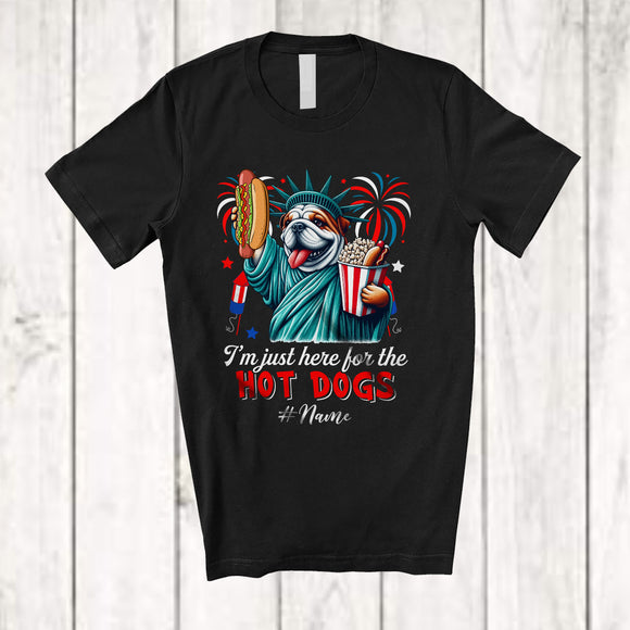 MacnyStore - Personalized Custom Name Just Here For The Hot Dogs; Proud Bulldog Liberty Patriotic T-Shirt