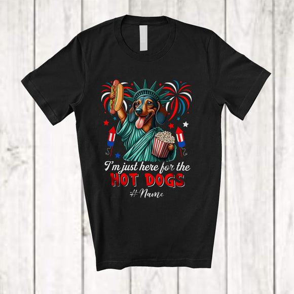 MacnyStore - Personalized Custom Name Just Here For The Hot Dogs; Proud Dachshund Liberty Patriotic T-Shirt