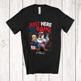 MacnyStore - Personalized Custom Name Just Here to Bang; Joyful 4th Of July Fireworks Chicken Drinking; Patriotic T-Shirt
