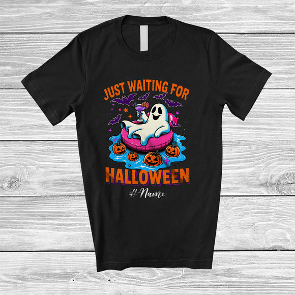 MacnyStore - Personalized Custom Name Just Waiting For Halloween; Humorous Boo Ghost Relax On Float Beach T-Shirt
