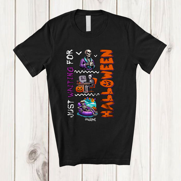 MacnyStore - Personalized Custom Name Just Waiting For Halloween; Scary Skeletons Relax Collection; Family T-Shirt