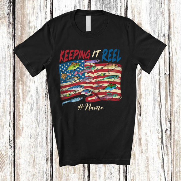 MacnyStore - Personalized Custom Name Keeping It Reel; Amazing 4th Of July Fishing Fish US Flag; Patriotic T-Shirt