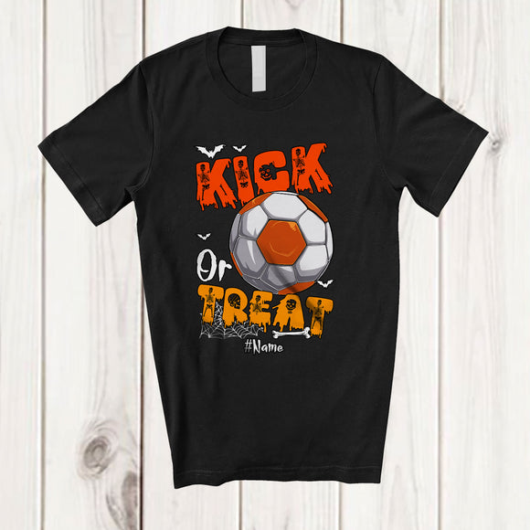 MacnyStore - Personalized Custom Name Kick Or Treat; Humorous Halloween Soccer Football Player; Sport Team T-Shirt