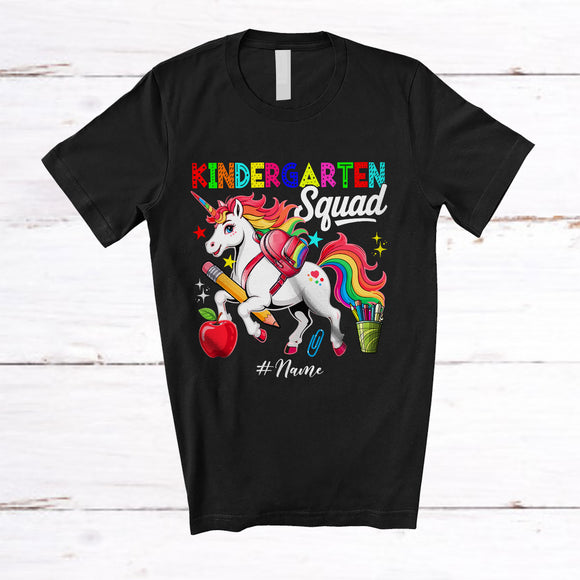 MacnyStore - Personalized Custom Name Kindergarten Squad; Lovely First Day Of School Student Teacher Unicorn T-Shirt