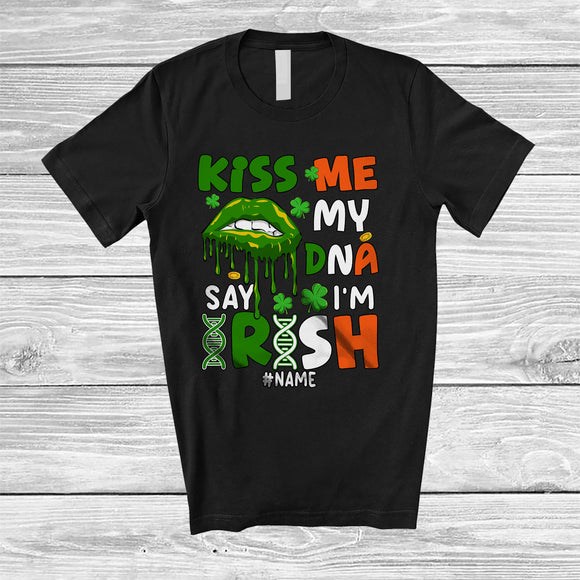 MacnyStore - Personalized Custom Name Kiss Me My DNA Says I'm Irish; Awesome St. Patrick's Day Shamrock Lips T-Shirt