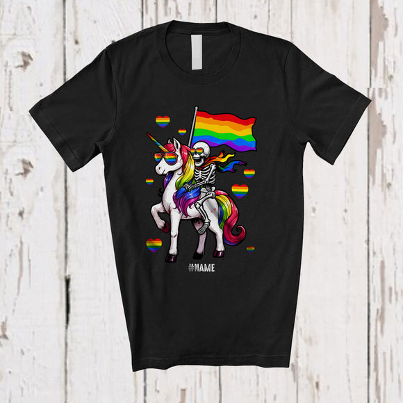 MacnyStore - Personalized Custom Name LGBT Skeleton Riding Unicorn; Humorous LGBTQ Flag Pride Rainbow T-Shirt