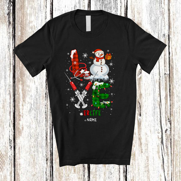 MacnyStore - Personalized Custom Name LOVE ER Life; Merry Christmas Plaid Snowman Needle Stethoscope Nurse T-Shirt