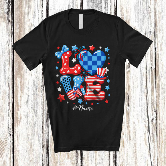 MacnyStore - Personalized Custom Name LOVE; Awesome 4th of July American Flag Heart Firecracker; Patriotic T-Shirt