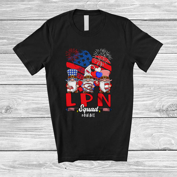MacnyStore - Personalized Custom Name LPN Squad; Lovely 4th of July Three Gnomes Stethoscope Heart; Nurse T-Shirt