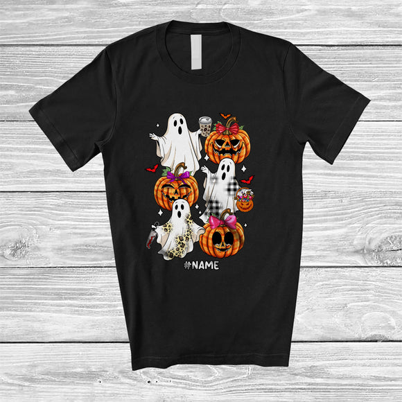 MacnyStore - Personalized Custom Name Leopard Plaid Ghost Pumpkin Drinking Coffee; Horror Halloween T-Shirt