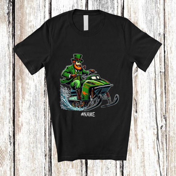 MacnyStore - Personalized Custom Name Leprechaun Snowmobiling; Amusing St. Patrick's Day Irish Family T-Shirt