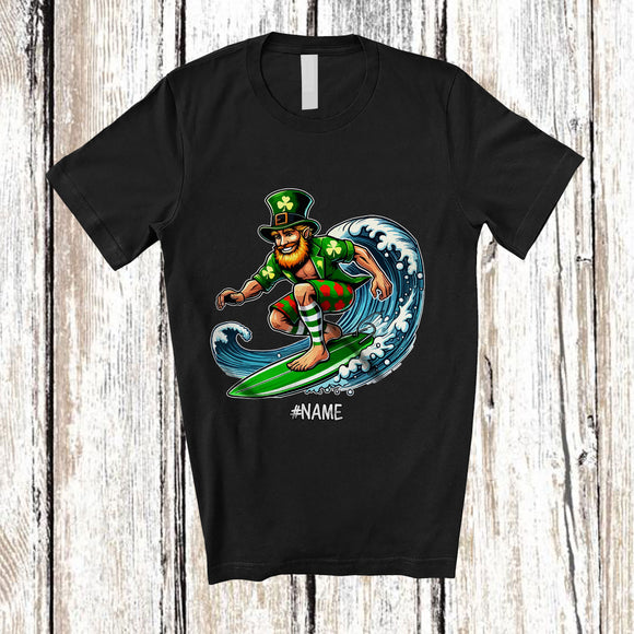 MacnyStore - Personalized Custom Name Leprechaun Surfing; Amusing St. Patrick's Day Irish Family Group T-Shirt