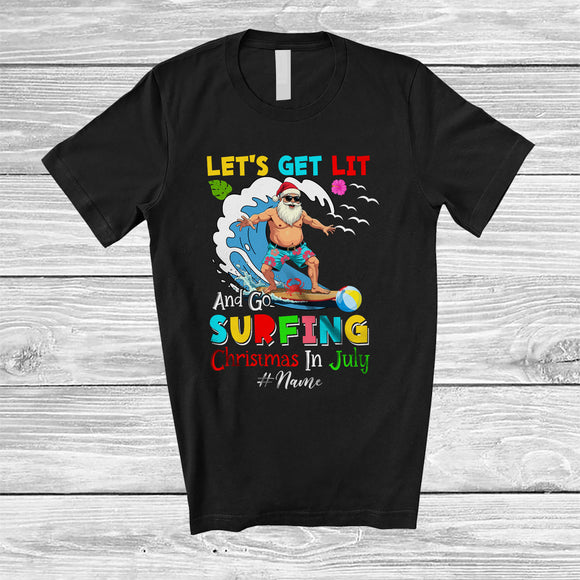 MacnyStore - Personalized Custom Name Let's Get Lit And Go Surfing; Joyful Christmas In July Santa Surfing T-Shirt