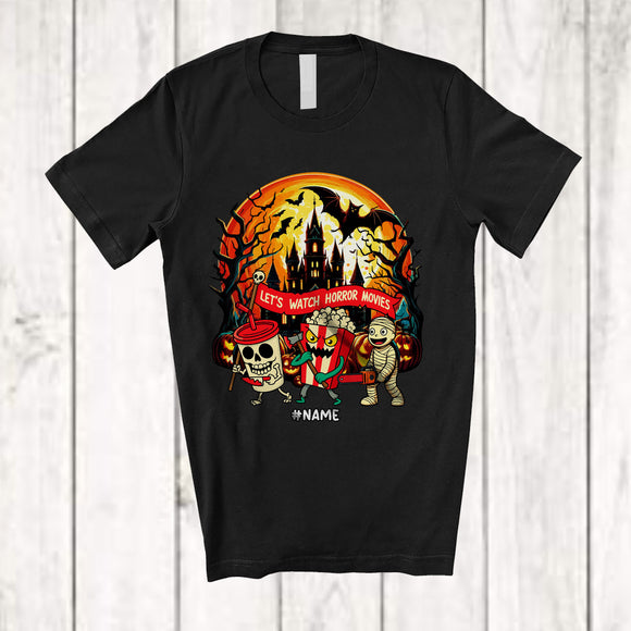 MacnyStore - Personalized Custom Name Let's Watch Horror Movies; Scary Halloween Moon Skeleton Mummy T-Shirt