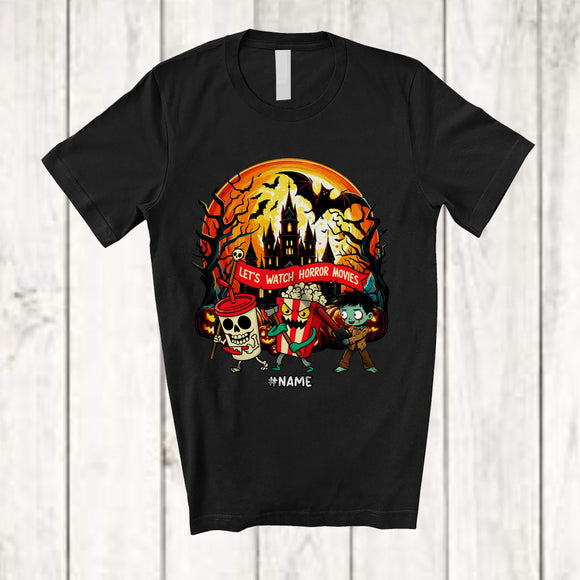 MacnyStore - Personalized Custom Name Let's Watch Horror Movies; Scary Halloween Moon Skeleton Zombie T-Shirt