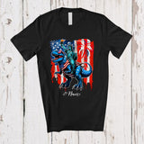 MacnyStore - Personalized Custom Name Liberty Riding T-Rex Dinosaur; Proud 4th Of July US Flag; Patriotic T-Shirt