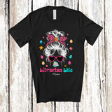 MacnyStore - Personalized Custom Name Librarian Life; Fantastic Easter Leopard Messy Bun Hair Woman; Family T-Shirt