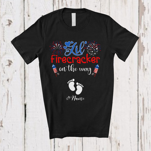 MacnyStore - Personalized Custom Name Lil' Firecracker On The Way; Amusing 4th Of July Pregnancy; Patriotic T-Shirt