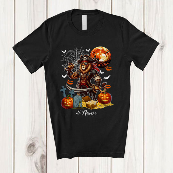 MacnyStore - Personalized Custom Name Lion Pirate; Lovely Halloween Lion Wild Animal Pumpkin T-Shirt