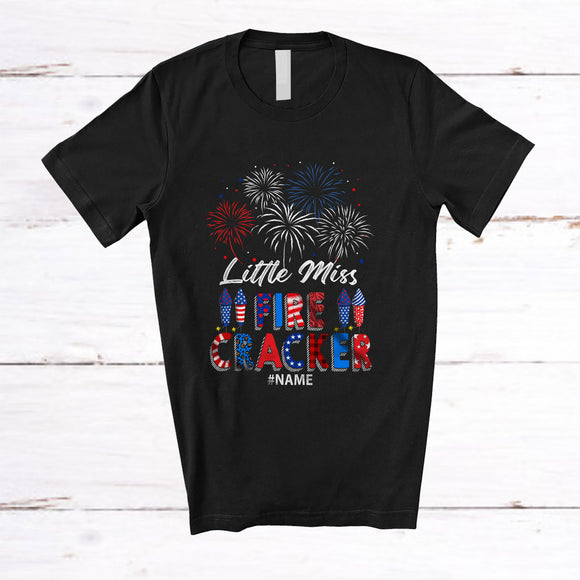 MacnyStore - Personalized Custom Name Little Miss Firecracker; Awesome 4th of July Plaid Fireworks; Patriotic T-Shirt