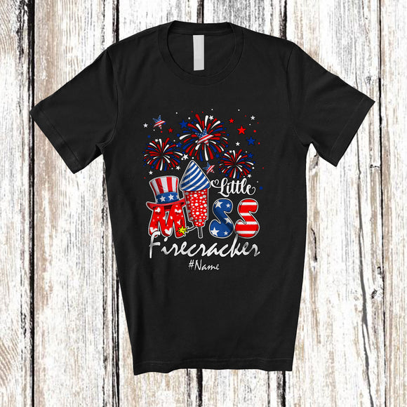 MacnyStore - Personalized Custom Name Little Miss Firecracker; Cheerful 4th Of July Fireworks; Patriotic T-Shirt