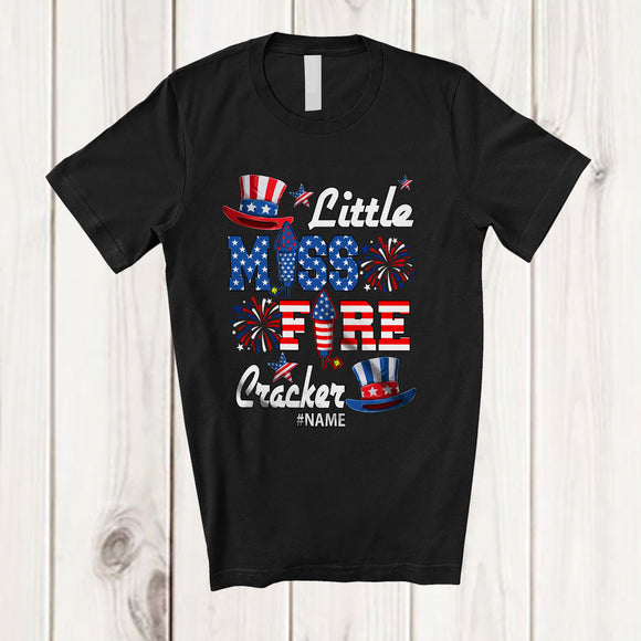 MacnyStore - Personalized Custom Name Little Miss Firecracker; Lovely 4th Of July American Fireworks; Patriotic T-Shirt