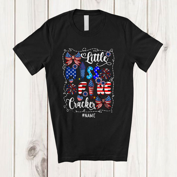 MacnyStore - Personalized Custom Name Little Miss Firecracker; Lovely 4th Of July Girl Fireworks; Patriotic T-Shirt
