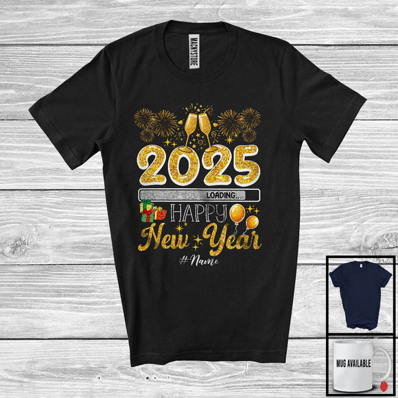 MacnyStore - Personalized Custom Name Loading Happy New Year 2025; Cheerful New Year Fireworks Drinking T-Shirt