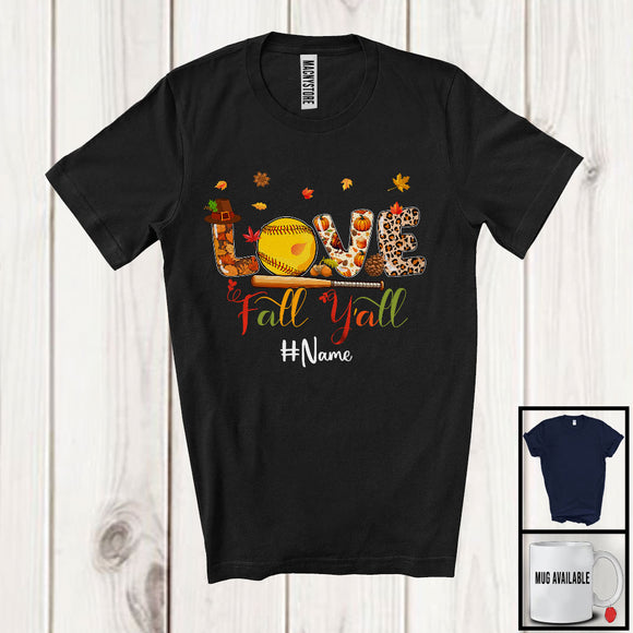 MacnyStore - Personalized Custom Name Love Fall Y'All; Amazing Thanksgiving Autumn Softball Player; Sport T-Shirt