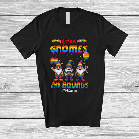 MacnyStore - Personalized Custom Name Love Gnomes No Bounds; Lovely LGBTQ Three Gnomes Gay Flag T-Shirt